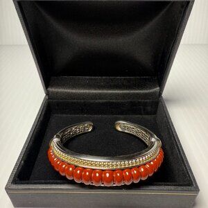 7"Caviar  18k & 925 Silver Gold Red Carnelian Cuff Bracelet (59.54g.)